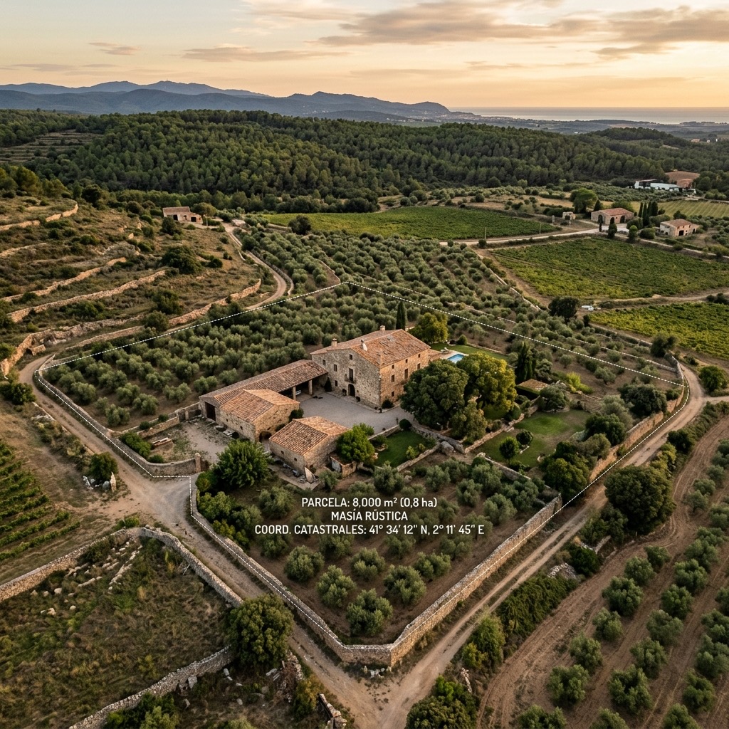 Fotografía aérea de una finca en suelo no urbanizable en Cataluña con delimitación catastral técnica, para parque solar o explotación